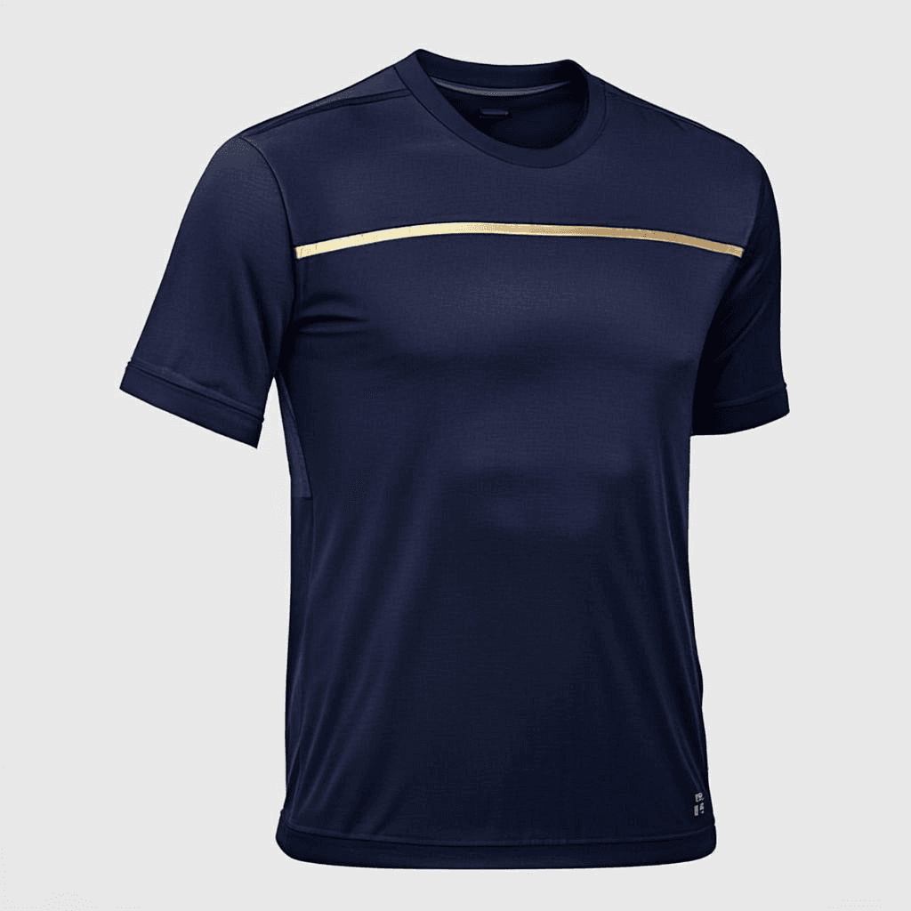 A premium navy blue kabaddi team jersey laid out on a pristine white surface. Half-sleeve fitted playing jersey with a single bold gold accent bar across the chest. Clean unbranded custom manufacturing — no logos or text.