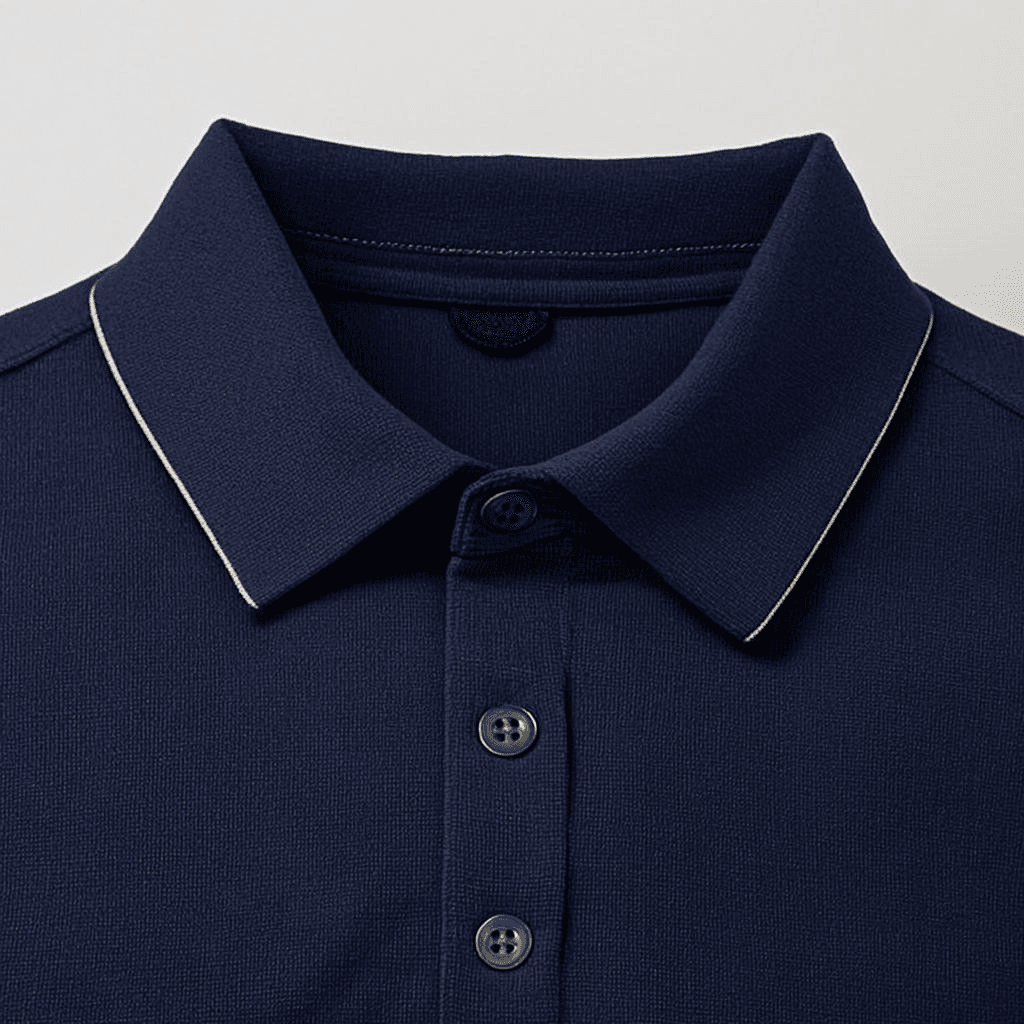 A close-up, highly detailed photograph focusing on the collar and shoulder construction of a premium corporate sports polo shirt in navy with gold piping.