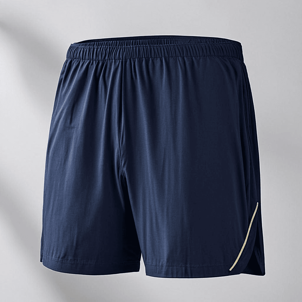 A crisp, well-lit studio shot of custom-designed running shorts in deep navy with a thin gold side stripe accent.