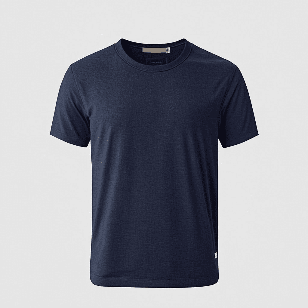 A premium navy blue round-neck t-shirt on an invisible mannequin. Clean crew neckline, short sleeves, minimalist unbranded design with subtle gold accent stitching at the neck.