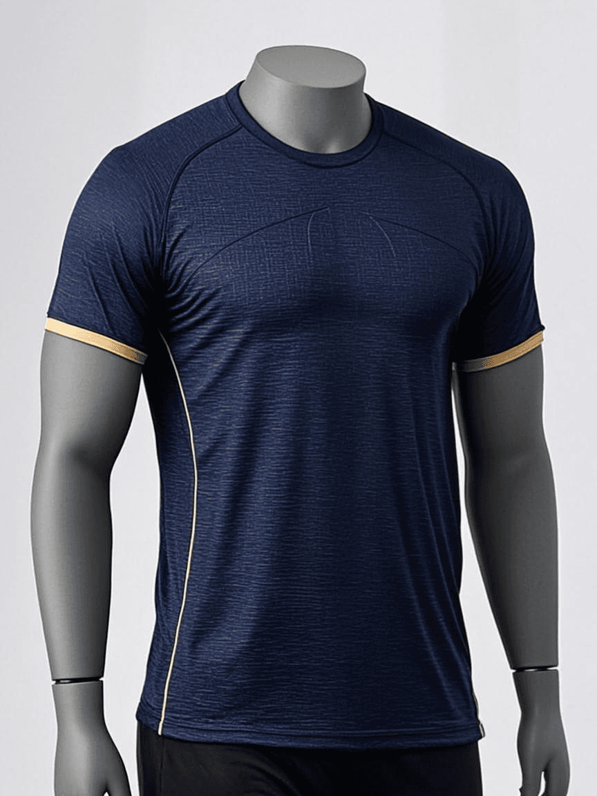 A striking studio photograph of a premium, custom-designed sports jersey on an invisible mannequin. The jersey features sleek, high-tech fabric with subtle geometric sublimation patterns in deep navy and brilliant gold accents, with dramatic directional lighting highlighting the texture and precision stitching.